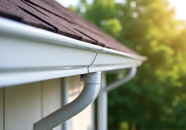 A clean, new white gutter system installed along a roofline.