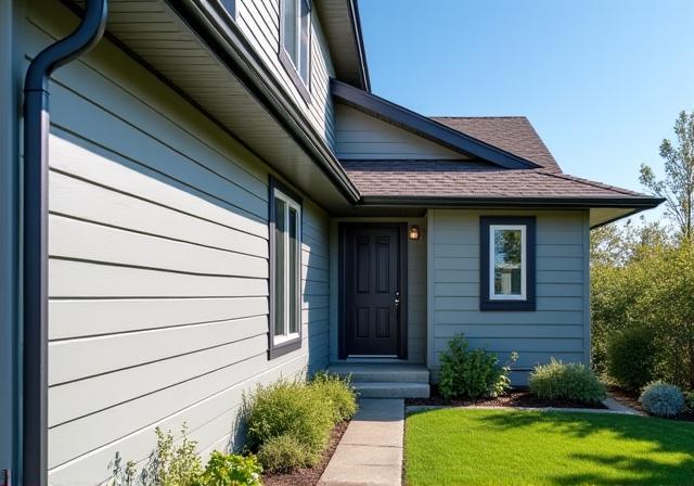 Newly installed light gray siding on a modern suburban house.