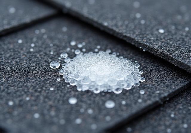 A close-up of hail damage on a roof shingle.